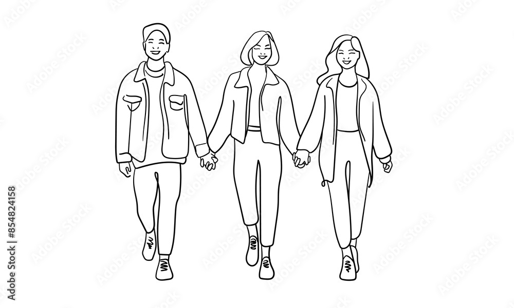 Three friends holding hands and smiling continuous line art drawing isolated on white background. Vector illustration Three friends holding hands and smiling continuous line art drawing isolated on white background. Vector illustration