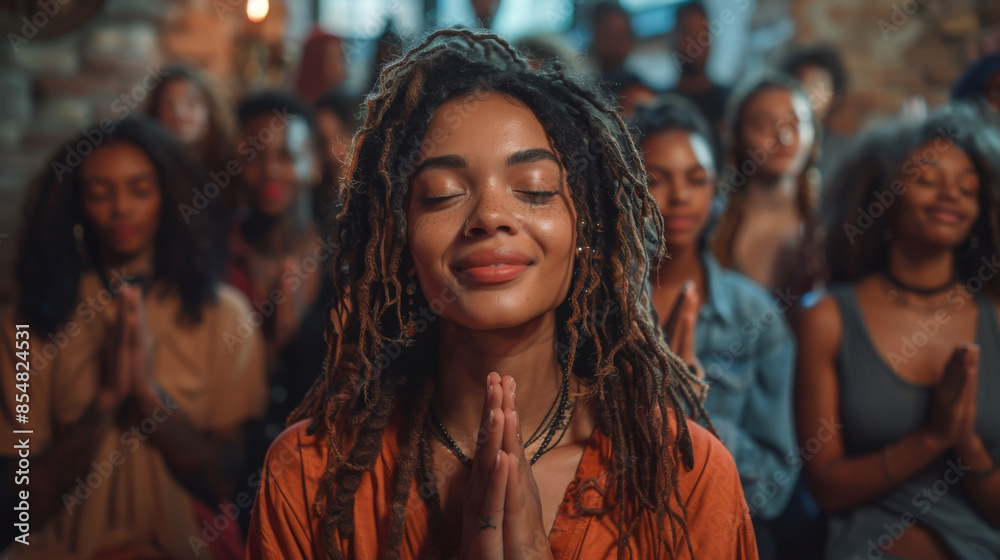 A group of multicultural African American people praying together. Young group of people worship god, believe in religion indoors. Faith and religion concept. A group of multicultural African American people praying together. Young group of people worship god, believe in religion indoors. Faith and religion concept.