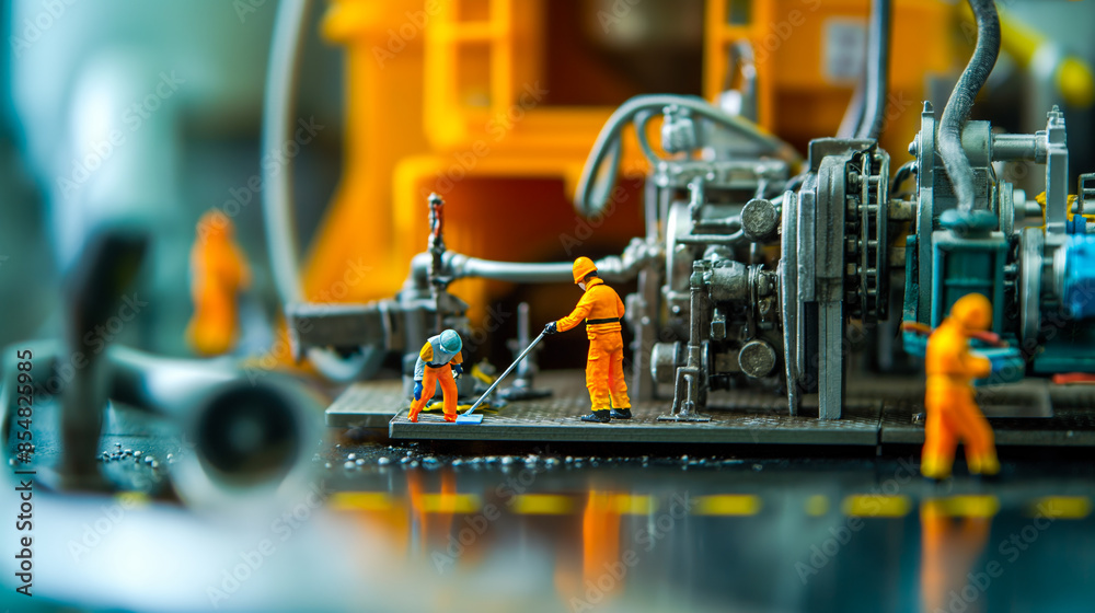 Tiny workers cleaning around industrial equipment as if they are part of a highly efficient cleaning crew in a vast factory.