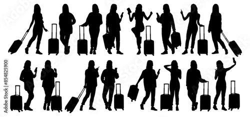 Silhouette of young woman tourist with smartphone. Girl in casual clothes with a suitcase and tickets. The female traveler goes on a journey. Vector illustration set isolated on white	