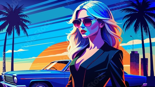 Beautiful blonde woman on the background of a retro car. illustration