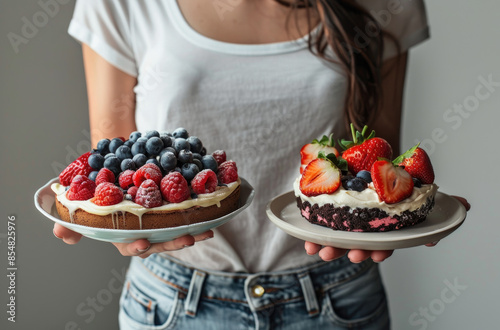 A women holding one plate of fruits in her left hand while another plate is filled with cakes and sweets in her right hand © Kien