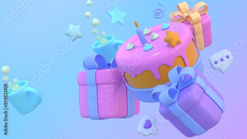 Concept happy day. Birthday cake vector background design. Happy birthday greeting text with yummy cake element decoration for kids party occasion. 3d render