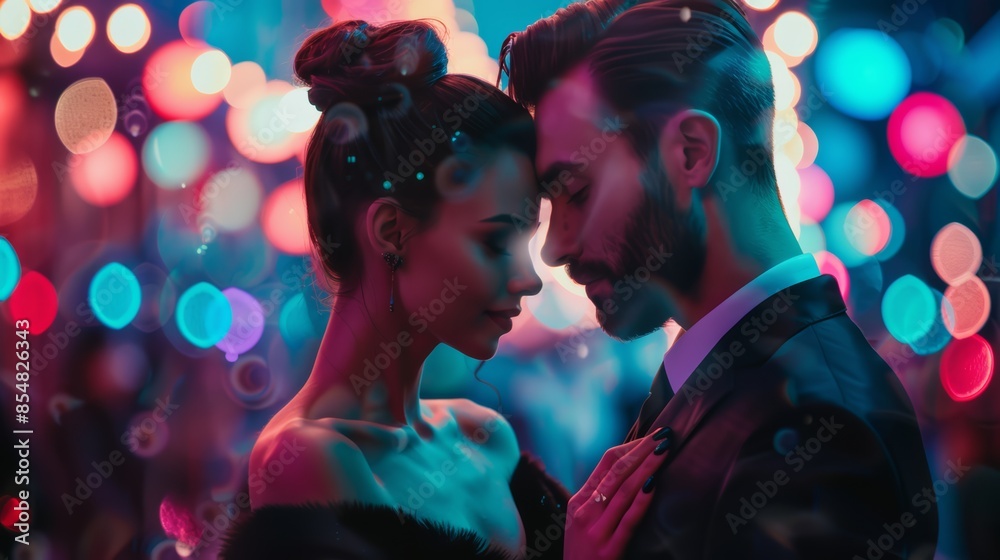 A man and woman in a romantic pose with lights behind them, AI A man and woman in a romantic pose with lights behind them, AI