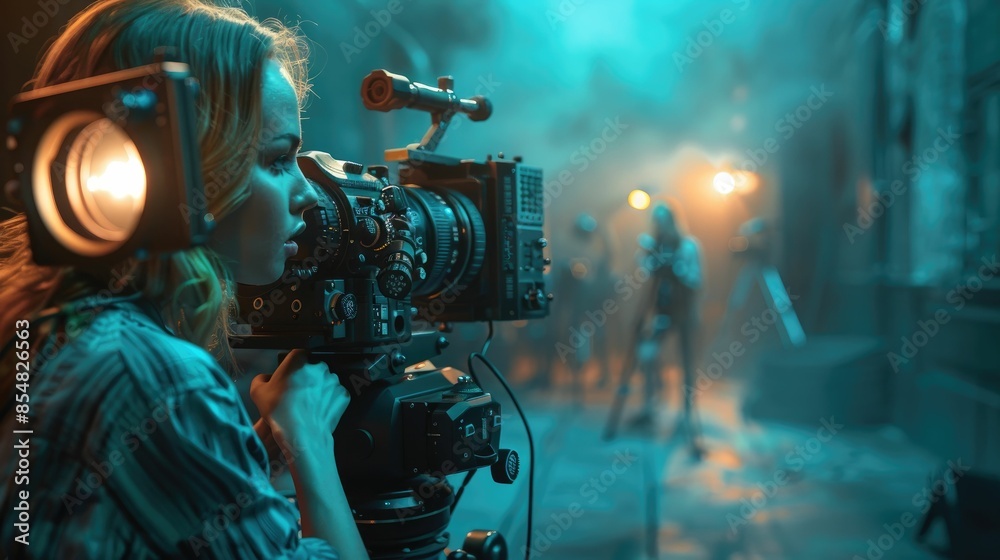 A behind-the-scenes look at a film set with a focus on a cinematographer operating a camera in moody lighting. A behind-the-scenes look at a film set with a focus on a cinematographer operating a camera in moody lighting.