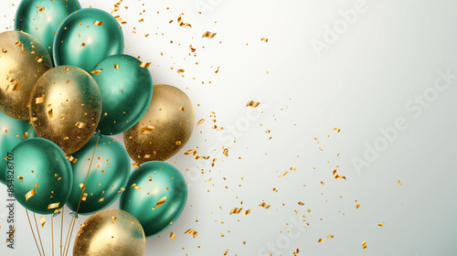 Gold and emerald  green balloons with confetti and ribbons on a light background, festive celebration concept with copy space