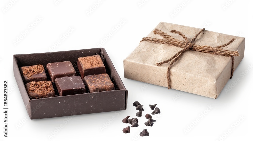 artisan chocolate box with a rustic label standing on a white background The box is centered with studio lighting emphasizing the handcrafted design and rich textures The image is captured in 32k
