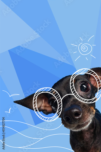 Contemporary artwork. Vector illustration. Little Chihuahua in drawn sunglasses looks at camera curiously. Vibrant color scheme. Concept of pets, holidays, positive emotions, rest, summer vacation. photo