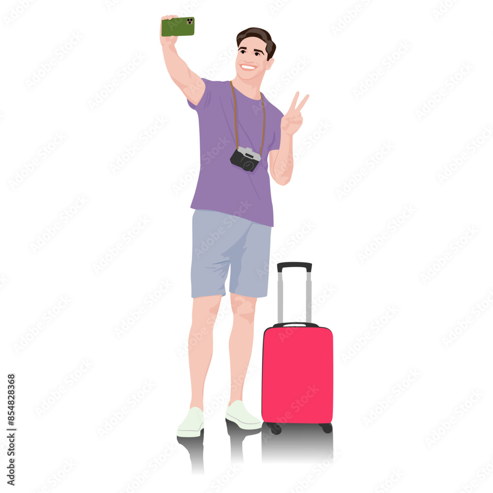 Young man tourist with camera and smartphone taking selfie. Male in casual clothes with a suitcase. Young male traveler goes on a journey. Vector illustration isolated on white Young man tourist with camera and smartphone taking selfie. Male in casual clothes with a suitcase. Young male traveler goes on a journey. Vector illustration isolated on white