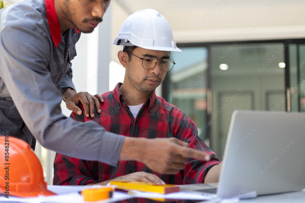 Contractor engineer discusses with an architect the construction of a home renovation project at the job site. Contractor engineer discusses with an architect the construction of a home renovation project at the job site.