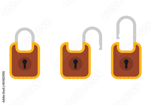Padlock icon sign symbol flat, locked and unlocked, flat design vector illustration. Opened and closed locks isolated on white background