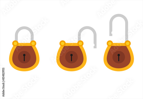 Padlock icon sign symbol flat, locked and unlocked, flat design vector illustration. Opened and closed locks isolated on white background