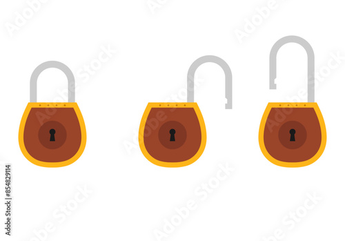 Padlock icon sign symbol flat, locked and unlocked, flat design vector illustration. Opened and closed locks isolated on white background