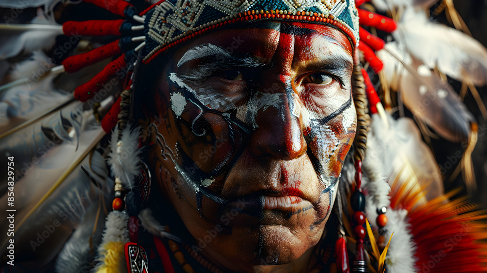 A Native American chief adorned with intricate face paint and feathers, painting.
A Native American chief adorned with intricate face paint and feathers, painting.