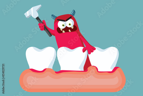Caries Monster Destroying Healthy Teeth Vector Illustration. Dental health problems from bacterial damage 
