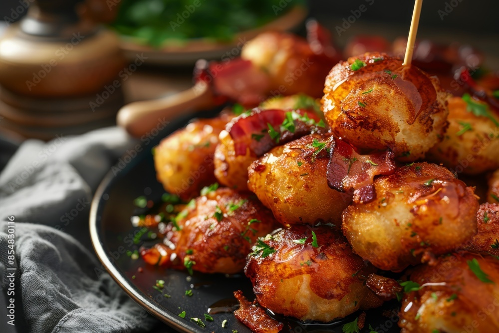 Crispy potato bites with bacon and syrup on black plate Crispy potato bites with bacon and syrup on black plate