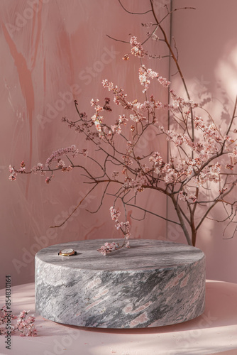 Smooth granite product display podium on a soft pastel pink background: Bold and elegant, ideal for luxury watches or fine jewelry, the granite podium and pastel pink background create a strong and © AI_images