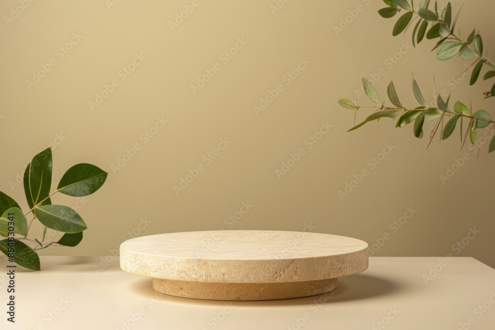 Smooth sandstone product display podium on a light olive background: Natural and serene, perfect for wellness products or organic cosmetics, the sandstone podium and olive background create a calming Smooth sandstone product display podium on a light olive background: Natural and serene, perfect for wellness products or organic cosmetics, the sandstone podium and olive background create a calming