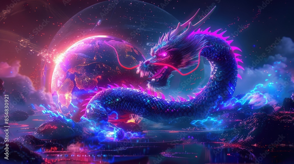 A vivid, neon-colored dragon soaring through a cosmic landscape with planets. A perfect blend of fantasy and sci-fi imagery. A vivid, neon-colored dragon soaring through a cosmic landscape with planets. A perfect blend of fantasy and sci-fi imagery.