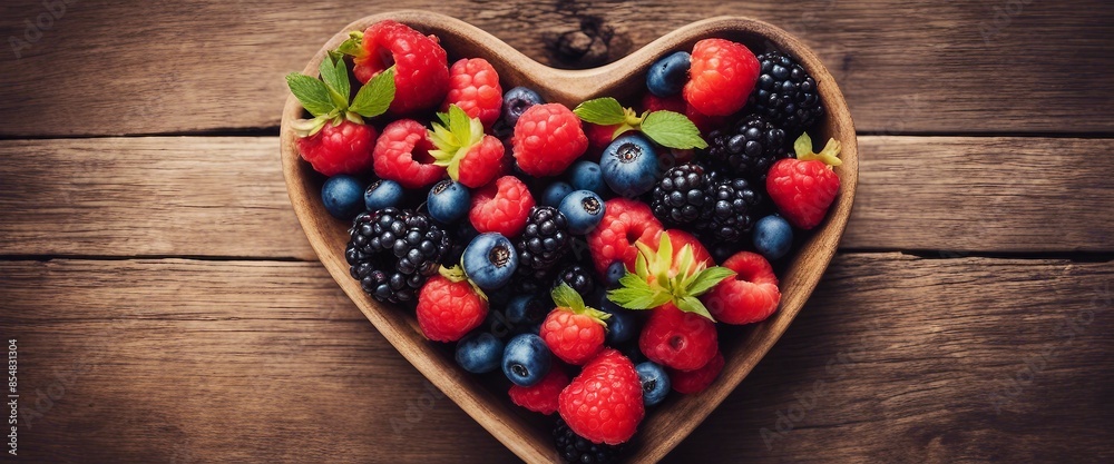 A heart-shaped bowl overflows with fresh berries and fruits against a rustic wooden backdrop, bursting with vibrant colors. A heart-shaped bowl overflows with fresh berries and fruits against a rustic wooden backdrop, bursting with vibrant colors.