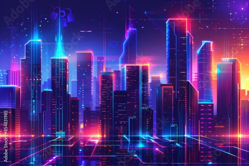 Futuristic neon cityscape with glowing skyscrapers and vibrant colors, representing modern technology and digital innovation at night. photo