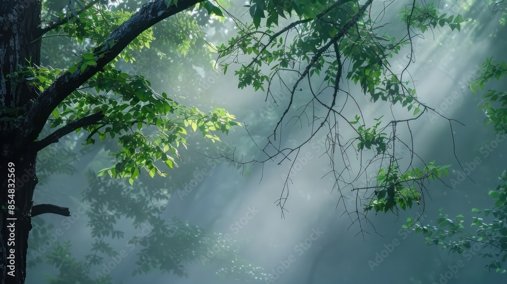 Misty foggy mountain landscape with fir forest and copyspace in vintage retro hipster style Misty foggy mountain landscape with fir forest and copyspace in vintage retro hipster style