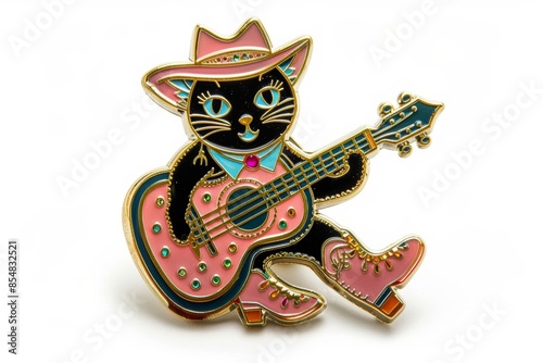 Black cat playing guitar in pink cowboy hat enamel pin