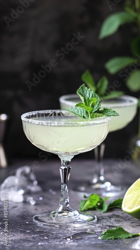 2 a gin and lime cocktails in a coupe glasses with a mint sprig garnish.