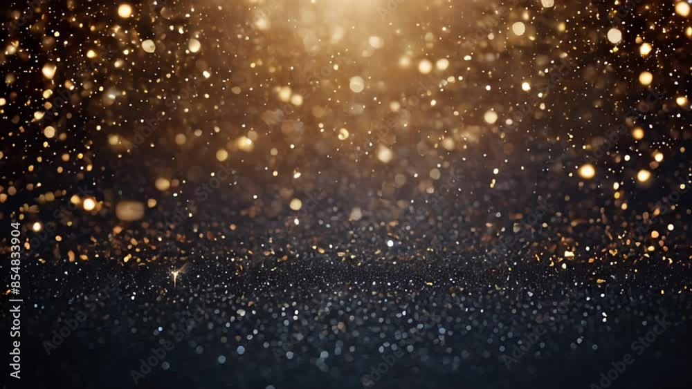 festive abstract background with gold particles shining golden sparkles, blurred bokeh, on dark blue background.