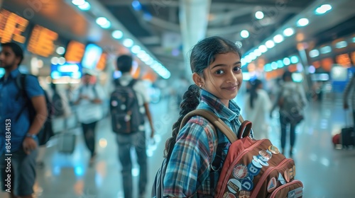 Traveling woman with backpack at international airport or train station departure or arrival bokeh