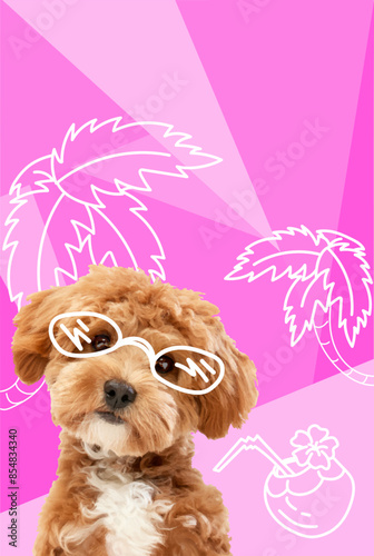 Contemporary artwork. Vector illustration. Little cute dog in drawn sunglasses against surreal beach. Vibrant color scheme. Concept of pets, holidays, positive emotions, rest, summer vacation.