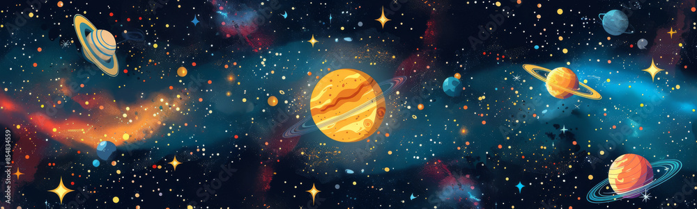 Vibrant illustration of outer space with colorful planets, stars, and galaxies, showcasing the wonders of the universe. Vibrant illustration of outer space with colorful planets, stars, and galaxies, showcasing the wonders of the universe.
