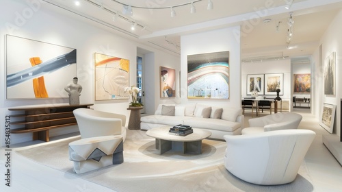 A modernist art gallery-inspired living space design featuring a white canvas backdrop, Curated with contemporary art installations and sleek, minimalist furniture © Hypat