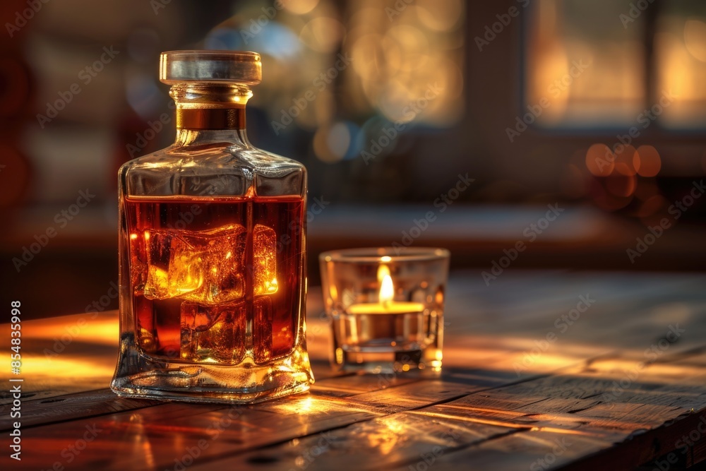 A bottle of whiskey and a glass on a table, suitable for use in scenes about drinking, relaxation, or social gatherings A bottle of whiskey and a glass on a table, suitable for use in scenes about drinking, relaxation, or social gatherings
