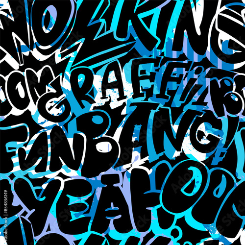 Abstract seamless chaotic pattern with graffiti words. Grunge texture background. Wallpaper for boys. Fashion urban  style