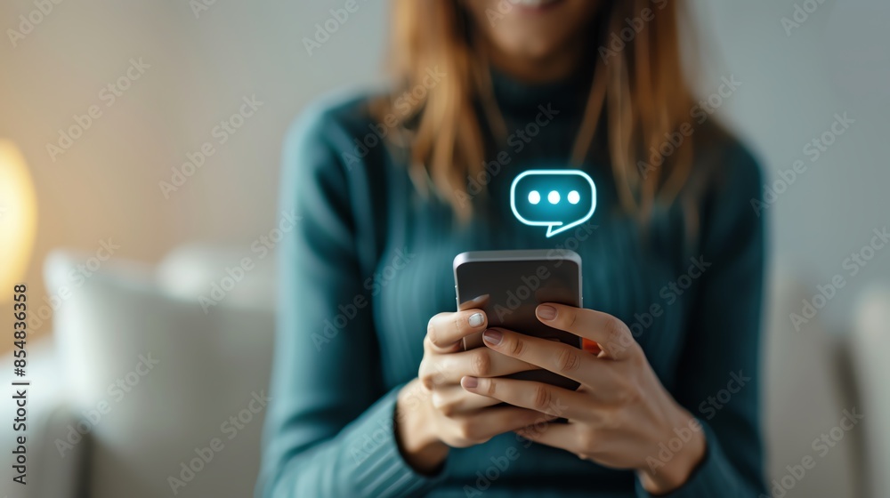 Woman using smartphone for messaging, illustrating modern communication, online chat, and digital interaction in a cozy indoor setting. Woman using smartphone for messaging, illustrating modern communication, online chat, and digital interaction in a cozy indoor setting.