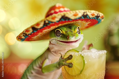 A gecko in sombrero holding lime margarita with salt, Cinco de Mayo Feast, Mexican Delicacies banner photo