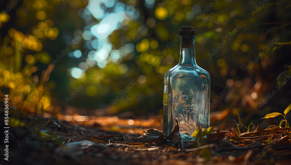 Glass bottle lying on the ground in the forest Glass bottle lying on the ground in the forest