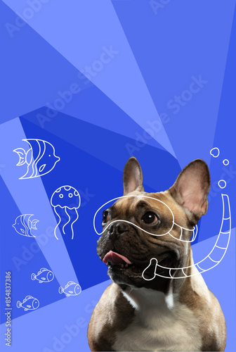 Contemporary artwork. Vector illustration. Close-up photo of French bulldog swimming underwater wearing scuba mask. Concept of pets, holidays, positive emotions, companion, rest, summer vacation.