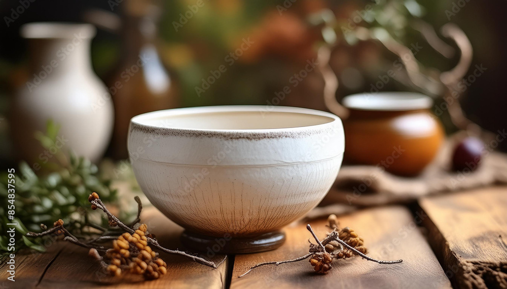 Handmade white ceramic bowl on wooden table. Handcrafted pottery. Dishware concept. Close-up.