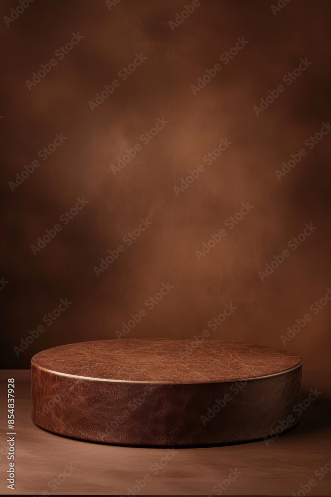 Textured leather product display podium on a rich brown background: Warm and luxurious, perfect for high-end leather goods or accessories, the leather podium and brown background create a