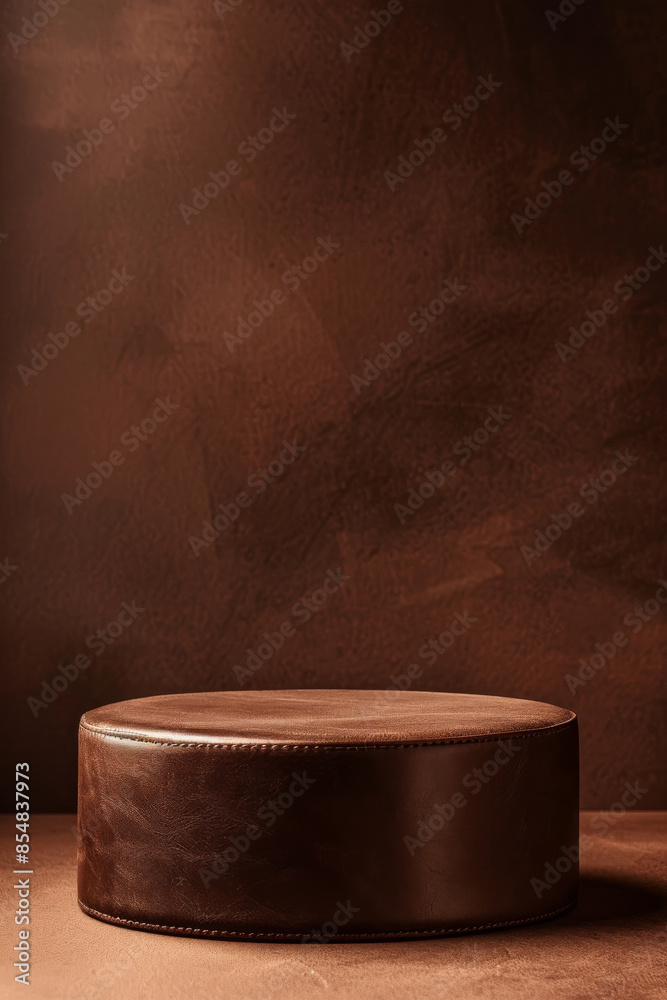 Textured leather product display podium on a rich brown background: Warm and luxurious, perfect for high-end leather goods or accessories, the leather podium and brown background create a Textured leather product display podium on a rich brown background: Warm and luxurious, perfect for high-end leather goods or accessories, the leather podium and brown background create a