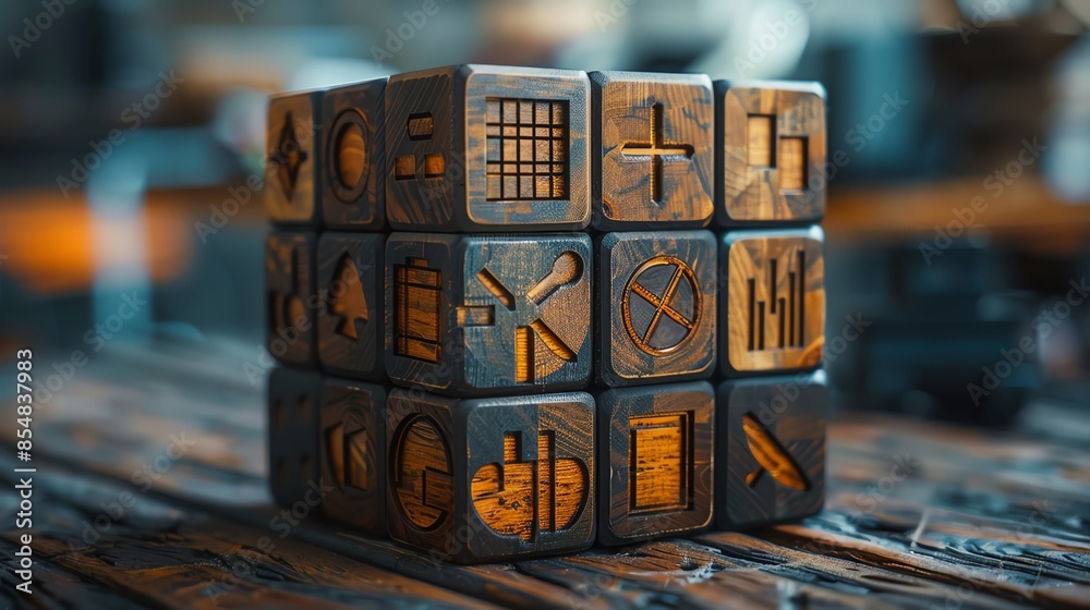 Craft a visually striking image of a wooden block adorned with intricate Craft a visually striking image of a wooden block adorned with intricate