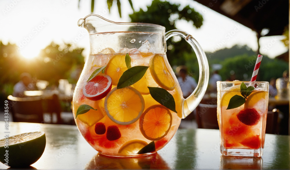 Decanter with refreshing lemonade with ice on a table in a summer cafe. Decanter with refreshing lemonade with ice on a table in a summer cafe.