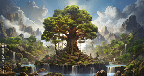 Fantasy landscape with a big tree and a waterfall. garden of eden concept