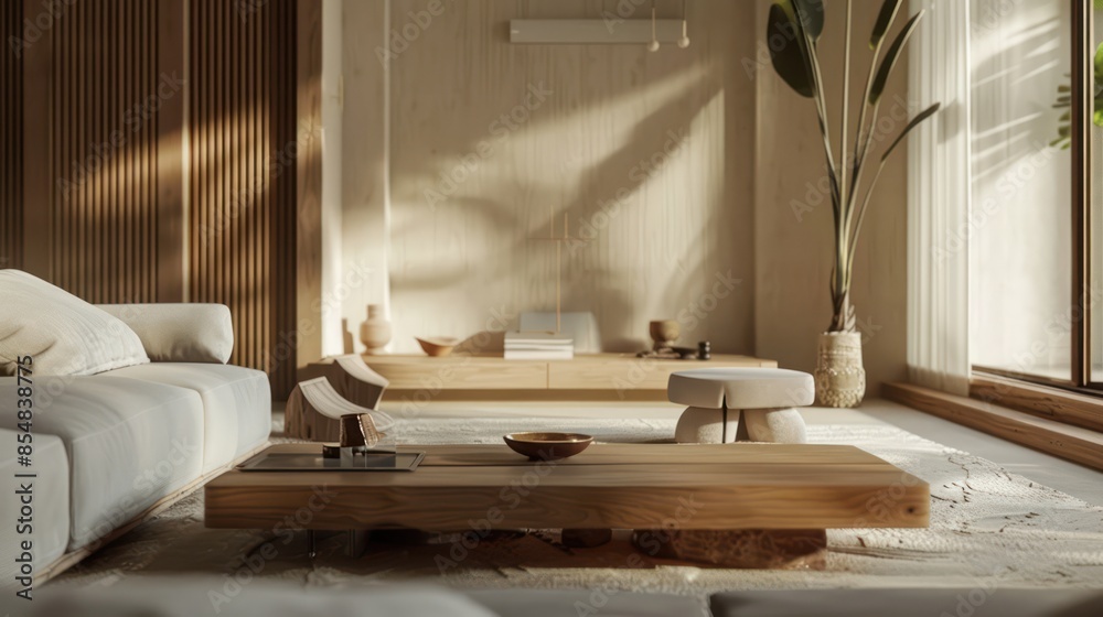 Modern interior of open space with design modular sofa, furniture, wooden coffee tables, plaid, pillows, tropical plants and elegant personal accessories in stylish home decor. Neutral living room.
