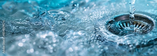 Close-Up of Water Flowing Down a Sink Drain. A close-up of water flowing and splashing as it goes down a stainless steel sink drain, creating bubbles and ripples. Banner with copy space photo