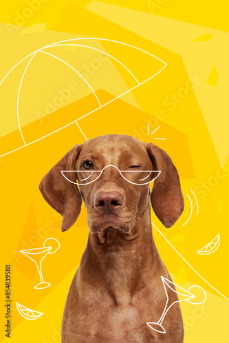 Contemporary artwork. Vector illustration. Dog wearing sunglasses and standing under beach umbrella. Vibrant color scheme. Concept of pets, holidays, positive emotions, rest, summer vacation.