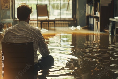 A man sits on a chair amidst flooding