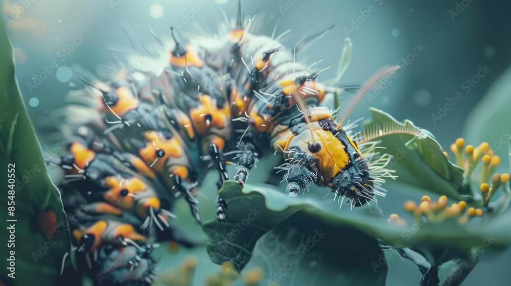 A close-up shot of a caterpillar sitting on a green leaf, surrounded by tiny details A close-up shot of a caterpillar sitting on a green leaf, surrounded by tiny details